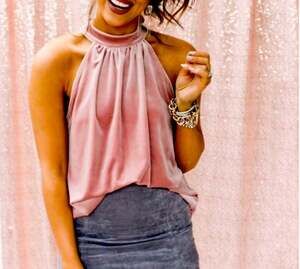 Gibson X Glam Pink Crushed Velvet Halter Tie Top NEW Size Medium Sleeveless